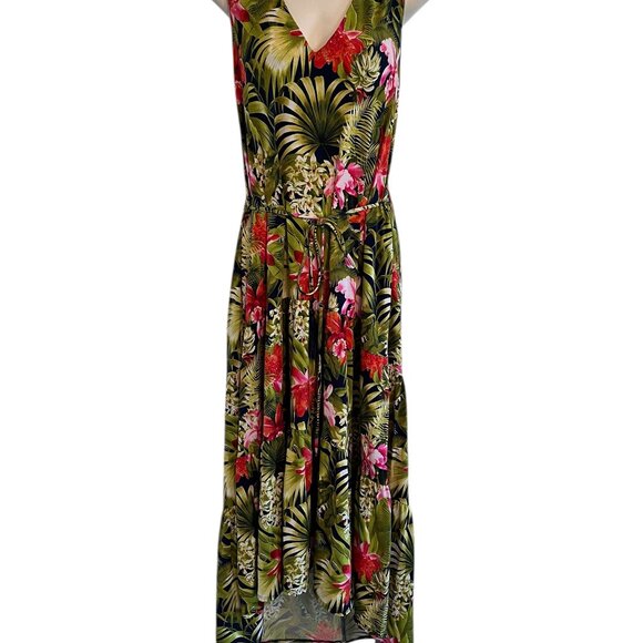 TOMMY BAHAMA Tropical Floral Print Sleeveless V-Neck Hi-Lo Maxi Dress Size M-L - Picture 2 of 9